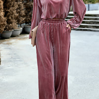 Round Neck Dropped Shoulder Top and Elastic Waist Pants Set