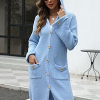 Pocketed Button Up Long Sleeve Hooded Cardigan