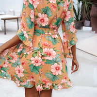 Ruffled Printed Surplice Half Sleeve Mini Dress