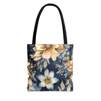 Blue and Beige Floral Tote Bag