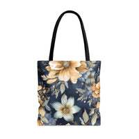 Blue and Beige Floral Tote Bag
