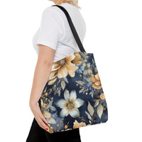 Blue and Beige Floral Tote Bag