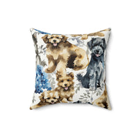 Puppies and Blue Hydrangeas Pillow from Yumigara