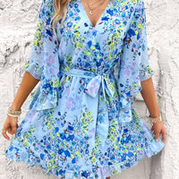 Ruffled Printed Surplice Half Sleeve Mini Dress