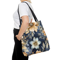 Blue and Beige Floral Tote Bag