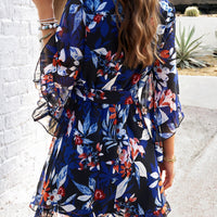 Ruffled Printed Surplice Half Sleeve Mini Dress