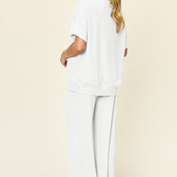 Double Take Full Size Texture Round Neck Short Sleeve T-Shirt and Wide Leg Pants