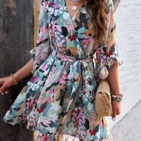 Ruffled Printed Surplice Half Sleeve Mini Dress