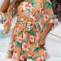 Ruffled Printed Surplice Half Sleeve Mini Dress