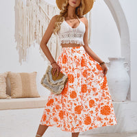 Printed Elastic Waist Midi Skirt