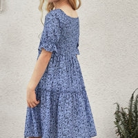 Girls Printed Smocked Flounce Sleeve Dress