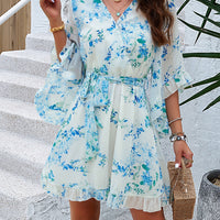 Ruffled Printed Surplice Half Sleeve Mini Dress