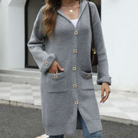Pocketed Button Up Long Sleeve Hooded Cardigan