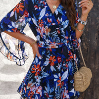Ruffled Printed Surplice Half Sleeve Mini Dress