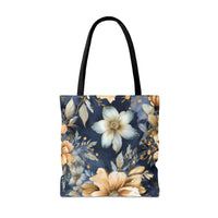 Blue and Beige Floral Tote Bag