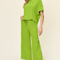 Double Take Full Size Texture Round Neck Short Sleeve T-Shirt and Wide Leg Pants