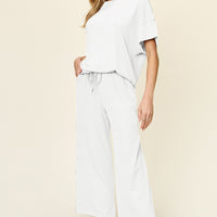 Double Take Full Size Texture Round Neck Short Sleeve T-Shirt and Wide Leg Pants