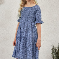 Girls Printed Smocked Flounce Sleeve Dress