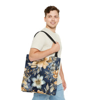 Blue and Beige Floral Tote Bag