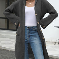 Pocketed Button Up Long Sleeve Hooded Cardigan