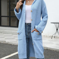 Pocketed Button Up Long Sleeve Hooded Cardigan