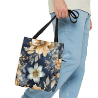 Blue and Beige Floral Tote Bag