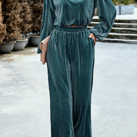 Round Neck Dropped Shoulder Top and Elastic Waist Pants Set