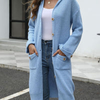 Pocketed Button Up Long Sleeve Hooded Cardigan