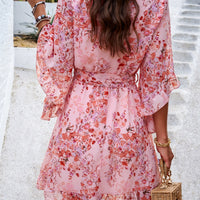 Ruffled Printed Surplice Half Sleeve Mini Dress