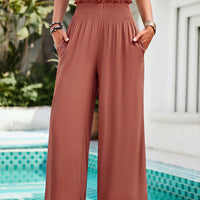 Smocked Wide Leg Pants with Pockets
