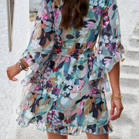 Ruffled Printed Surplice Half Sleeve Mini Dress