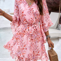 Ruffled Printed Surplice Half Sleeve Mini Dress