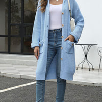 Pocketed Button Up Long Sleeve Hooded Cardigan