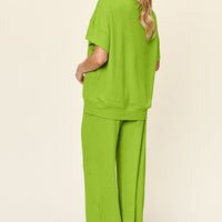 Double Take Full Size Texture Round Neck Short Sleeve T-Shirt and Wide Leg Pants