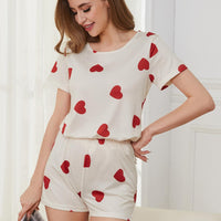 Heart Round Neck Top and Shorts Lounge Set