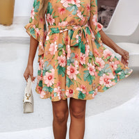 Ruffled Printed Surplice Half Sleeve Mini Dress