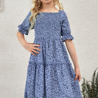 Girls Printed Smocked Flounce Sleeve Dress