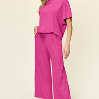 Double Take Full Size Texture Round Neck Short Sleeve T-Shirt and Wide Leg Pants