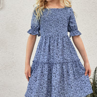 Girls Printed Smocked Flounce Sleeve Dress