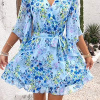 Ruffled Printed Surplice Half Sleeve Mini Dress