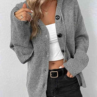 Button Up Drawstring Long Sleeve Hooded Cardigan