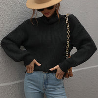 Woven Right High Neck Balloon Sleeve Rib-Knit Pullover Sweater