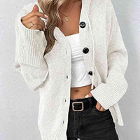 Button Up Drawstring Long Sleeve Hooded Cardigan
