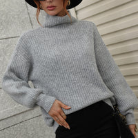 Woven Right High Neck Balloon Sleeve Rib-Knit Pullover Sweater