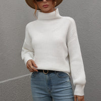 Woven Right High Neck Balloon Sleeve Rib-Knit Pullover Sweater