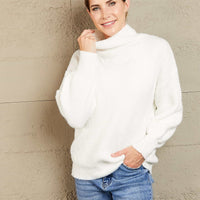 Woven Right High Neck Balloon Sleeve Rib-Knit Pullover Sweater