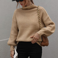 Woven Right High Neck Balloon Sleeve Rib-Knit Pullover Sweater