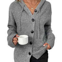 Button Up Drawstring Long Sleeve Hooded Cardigan