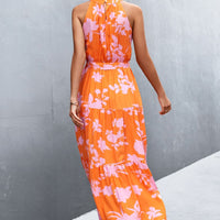 Printed Sleeveless Tie Waist Maxi Dress
