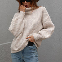 Woven Right High Neck Balloon Sleeve Rib-Knit Pullover Sweater